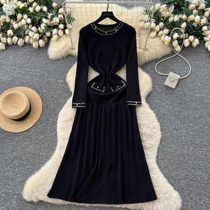 Traje de dos piezas para mujer, Vestido de punto de encaje de manga larga con cuentas, cintura con cinturón, suéter calado, Túnica, chándal de dos piezas - Product Image 3