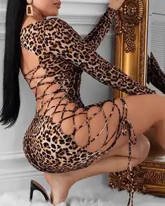 Venta al por mayor bikini vestido largo-Vestido corto de manga larga ajustado para verano, minivestido sexy informal de leopardo para mujer, Espalda descubierta, para discoteca, 2022