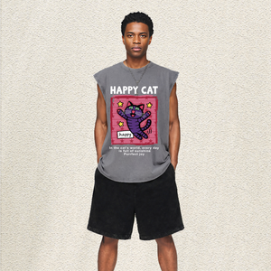 Chaleco Retro Lavado Oversize para Hombre con Estampado de Gato y Rayas, Suave, Sin Mangas, para Uso Diario, Stock Mayorista Local de EE. UU. - Product Image 3