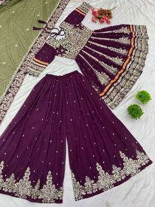 Faux Georgette lourde avec haut de travail à séquence de broderie lourde-sarara et ensemble Dupatta entièrement cousu prêt à porter - Product Image 3