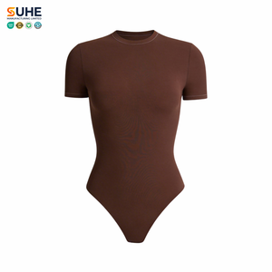 SUHE OEM ODM Winter Summer Casual Skinny Short Sleeve Crew Neck Stretch Snap Crotch Form Fitting Solid Color Womens <b>Bodysuit</b> - Product Image 1