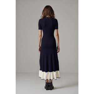 Vestido Midi de Punto Azul Marino Elegante para Mujer, Cuello en V, Manga Corta, Botones Dorados, Dobladillo con Volantes en Contraste, Vestido Suéter <span class=keywords><strong>Vintage</strong></span> Estilo Sirena - Product Image 5
