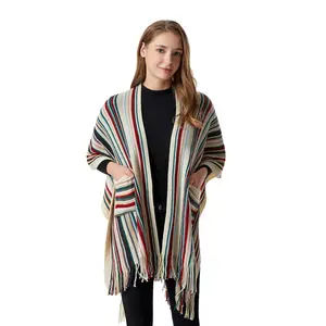 BESTELLA European American Striped Pocket Cape Shawl Autumn Winter Acrylic Cashmere for Men and Women in Stock Scarf