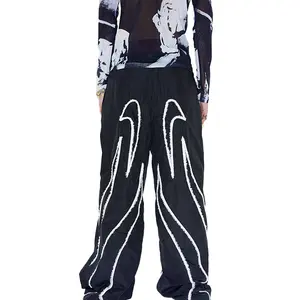 Finch Garment Street Wear Loose Fit Elastic Waist Contrast Strip Light Weight Nylon Men Oversized Workout Flared Trackpants