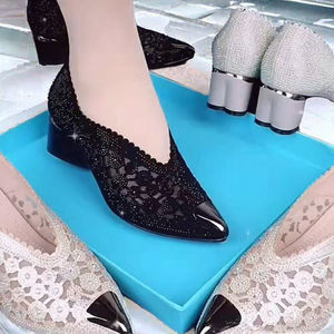 Zapatos de Mujer Estilo Europeo Americano para Primavera y Otoño, Nuevo Estilo con Pedrería, Tacones Altos Gruesos, Punta Puntiaguda, Malla de Colores Mezclados, Goma - Product Image 3