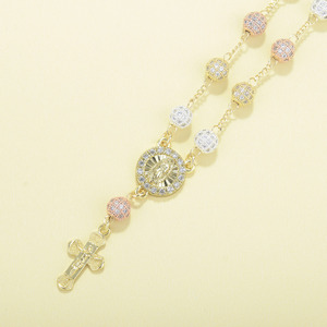 Rosario Católico de Plata, Oro Rosa de <span class=keywords><strong>14K</strong></span> y 3 Tonos con Circonitas Cúbicas, Borla, Jesús, Virgen María, Cristianismo, Cruz - Product Image 3