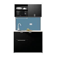 Meuble de cuisine compact noir Alvin avec évier, dessus en bois laqué, acrylique et marbre, robinet et tiroir coulissant