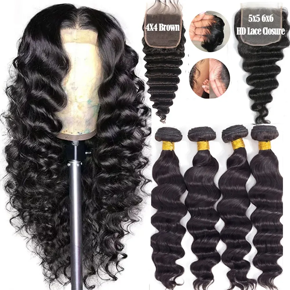 34 36 38 40 Long Inch Loose Deep Wave Bundles with Closure& Bundles With Frontal Remy Brazilian Hair Weave Bundles With Closure