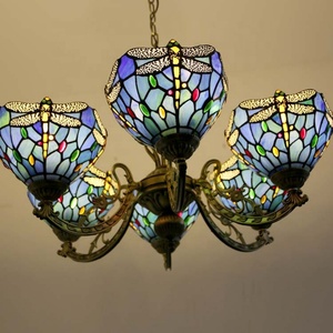 LongHuiJing Tiffany <b>Chandelier</b> <b>Lights</b> Blue Dragonfly Baroque Victorian Style Stained Glass Lamp for Dining Room Home Decor - Product Image 5
