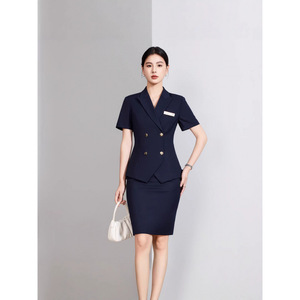 Women's Summer Short Sleeve Double Breasted Blazer And Skirt Suit Set Formal Commute Wear Breathable Worsted Fabric - Product Image 1