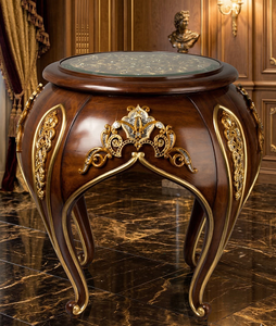 Mesa Taburete Redonda de Madera Hecha a Mano de Lujo, Mueble de Madera Maciza con Detalles en Oro Antiguo para Sala de Estar - Product Image 2