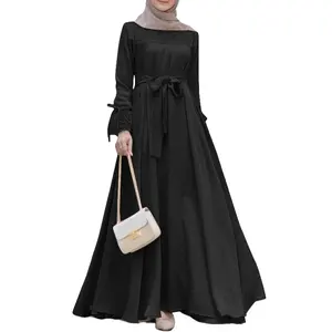 Скромное мусульманское платье с кружевными рукавами, однотонное длинное платье с круглым вырезом, повседневное праздничное платье для Ближнего Востока, Индонезия, арабия, джеллабия, Абая