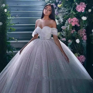 Off The Shoulder White Wedding Dress Empire Waist Ball Gown Sweetheart Neckline Tulle Skirt Polyester Fiber - Product Image 2