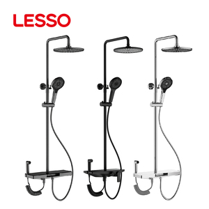 Set <span class=keywords><strong>Doccia</strong></span> Moderno a Parete LESSO in Ottone e Acciaio Inossidabile, Completo di Soffione e Rubinetto con Miscelatore Acqua Calda/Fredda - Product Image 1