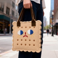 Sac fourre-tout en feutre écologique en forme de biscuit mignon - Design visage de dessin animé, sac de courses réutilisable, logo personnalisé OEM/ODM pour usage quotidien ou cadeau