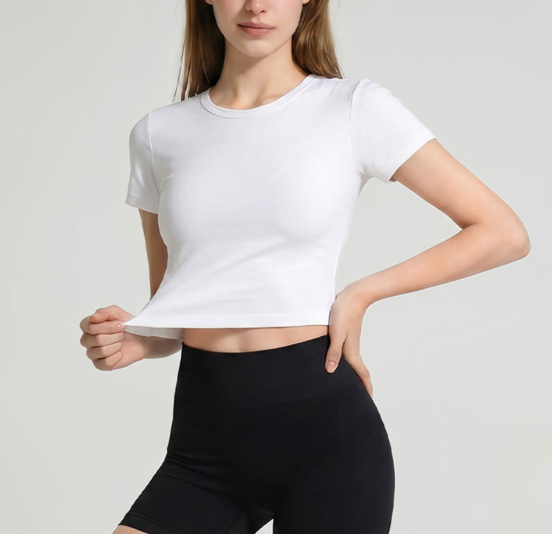 Cute Figure-flattering Pilates Yoga Wear Short-Sleeve Quick-Dry Nylon Spandex Solid Color Athletic Fitness Top for Women