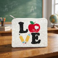 Pochette carrée en feutre non tissé faite main avec sequins et perles, motif amour brodé, mini pochette zippée, sac cadeau pour Apple Pencil