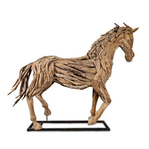 Décoration d'intérieur traditionnelle Gubuk Bali en forme de cheval, sculpture rectangulaire en racine de teck 100% faite à la main, 250x50x200cm, à poser au sol, pour l'extérieur ou le bureau - Product Image 1