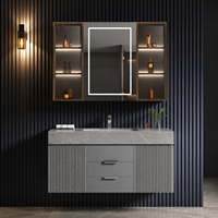 Meuble-lavabo flottant moderne de luxe gris cannelé avec vasque, miroir LED et rangement en verre pour projets hôteliers et d'appartements