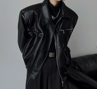 Veste bomber unisexe décontractée d'hiver surdimensionnée en similicuir PU noir de haute qualité, personnalisable en gros, avec plusieurs fermetures éclair et col à revers