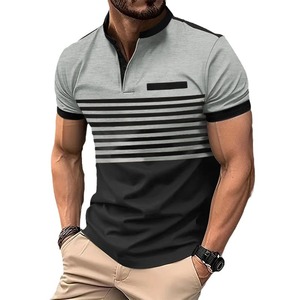 Polo d'été pour homme à manches courtes, motif rayé, respirant, avec poche, tenue décontractée, tissu fin, imprimé géométrique, style business décontracté - Product Image 5