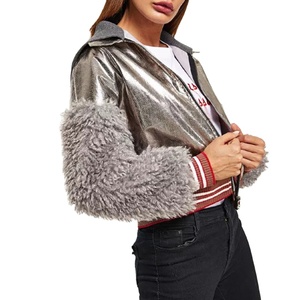 High Quality Faux <strong>Shearling</strong> Sleeve Silver Metallic <strong>Jacket</strong> Women Sparkle PU Leather <strong>Bomber</strong> <strong>Jacket</strong> - Product Image 1