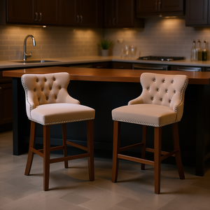 Ensemble de 2 tabourets de bar contemporains à dossier haut, revêtement en velours beige, pieds en bois, capitonnés - Product Image 2