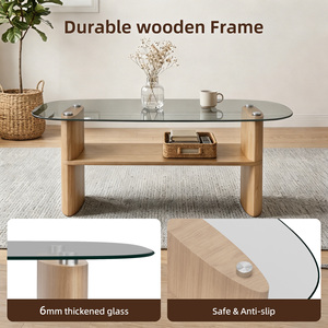 Oval Tempered Glass Coffee Table with 2-Tier <b>Storage</b> Shelf Curved Wooden Frame Center Tea Table Living Room Furniture - Product Image 5