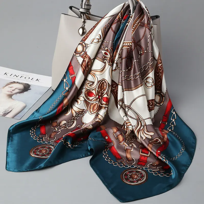 Commercio all'ingrosso 90cm sciarpe di seta Bandana modello moda donna Twill grande foulard quadrato in raso sciarpa di seta per le donne alla moda