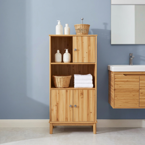 Premium Natural Teak Wood Bathroom <b>Cabinet</b> 3 Door 2 Open Shelf Storage <b>Linen</b> Cupboard - Product Image 3