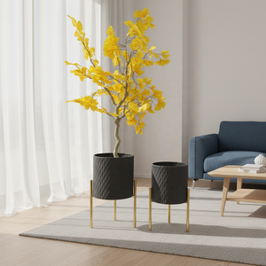 Jardinières modernes en fer noir avec supports en métal doré, pots d'intérieur <span class=keywords><strong>de</strong></span> 9/10 pouces <span class=keywords><strong>pour</strong></span> <span class=keywords><strong>salon</strong></span>, motif vague verticale minimaliste - Product Image 1
