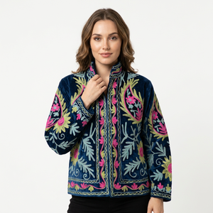 Chaqueta Premium Acolchada con Bordado Floral de Invierno, Tejida en Terciopelo y Algodón, Estilo Suzani, Elegante Base Negra con Hilos Coloridos - Product Image 1