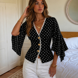 Camiseta Vintage Francesa Elegante con Encaje, Cuello en V, Estampado de Lunares, Botones, Mangas Acampanadas y Cintura Definida para Mujer - Product Image 3