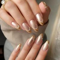 Ongles courts en amande à presser, Champagne, Perle, Effet œil de chat, Paillettes dorées, French manucure, Ongles artificiels en acrylique, Colle, Mini perles, Strass