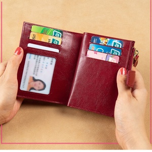 2022 Luxury Vintage Genuine Leather RFID Blocking Open Closure Short Women Card Holder Wallet Polyester Lining Thread Pattern - Product Image 4