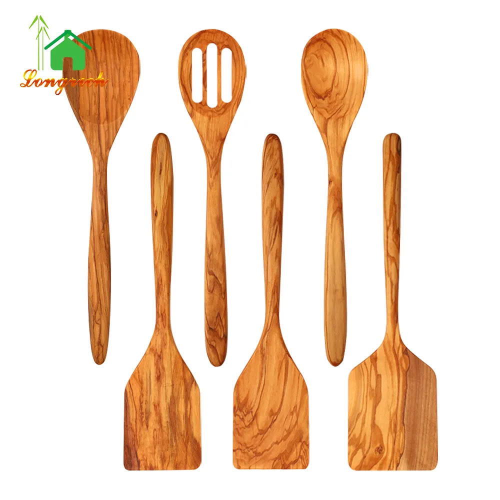 wholesale Kitchen organic olive wooden kitchenware manufacturer shovel spoons with holder cookware utensil sets
