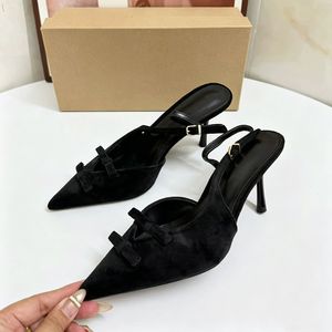 <span class=keywords><strong>Eleganti</strong></span> Sandali Neri da Donna con Tacco Alto, Punta Affusolata, Cinturino Posteriore e Dettaglio Triplo Fiocco, Scarpe <span class=keywords><strong>Eleganti</strong></span> per Feste - Product Image 1