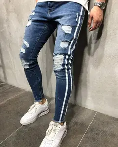 Custom Skinny Street Ripped Blue Washed Men's Jeans Lightweight Denim Pants
