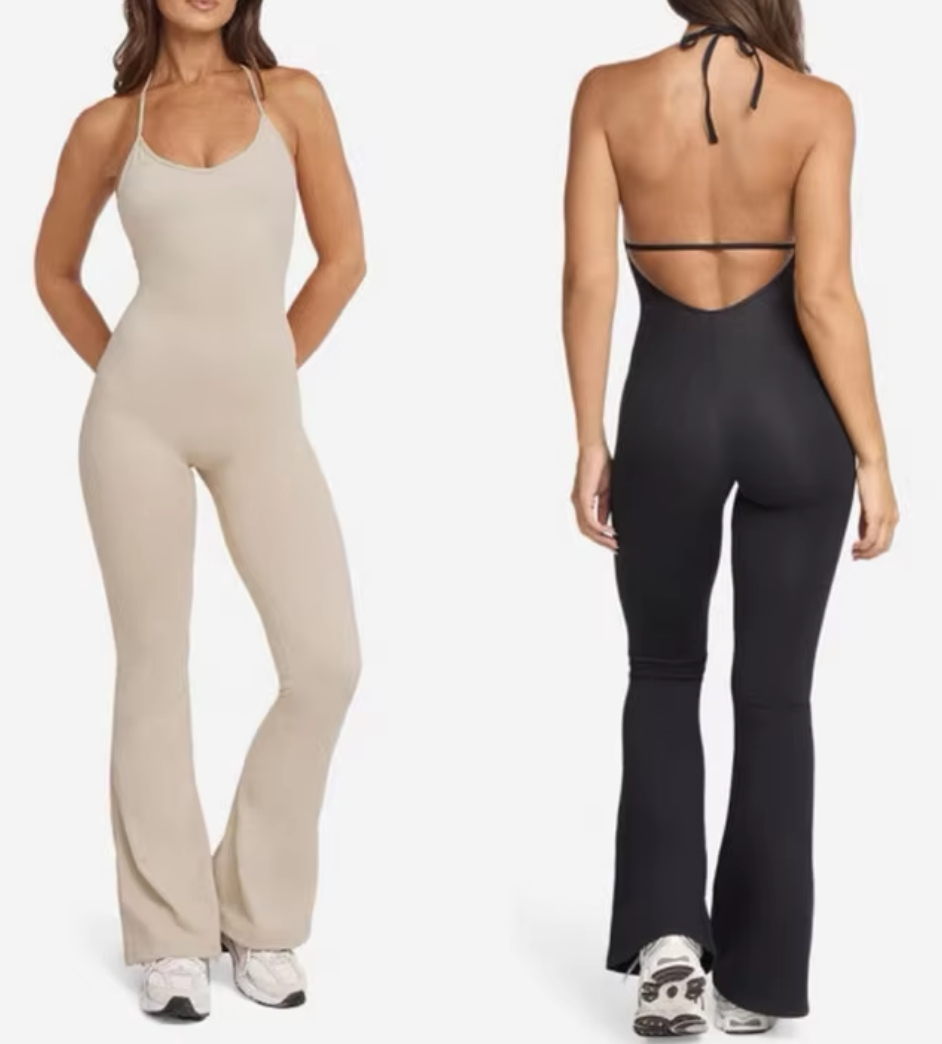 Backless Bodysuit High Elastic Neck Strap Flare Pant Fitness Gym Sports Quick-drying Pilate Jumpsuit Yoga Sets Clothes Women
