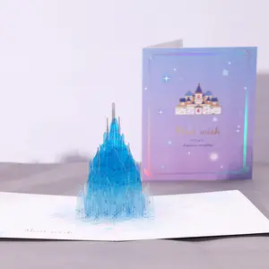 批发3D圣诞蓝冰城堡圣诞贺卡节日祝福手工创意弹出式礼品纸卡