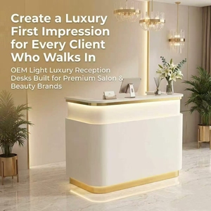 Bureau <span class=keywords><strong>d</strong></span>'<span class=keywords><strong>accueil</strong></span> de luxe avec éclairage LED OEM |   Fabricant en gros de comptoirs de salon personnalisés en or crème brillant - Product Image 2