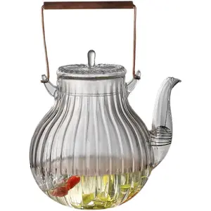 高品质耐热透明玻璃花朵图案茶壶家用茶壶酿造耐热手柄