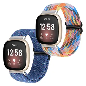 Tali jam tangan olahraga nilon kepang panjang yang dapat diatur untuk Fitbit Versa 3 tali jam tangan tenun untuk Fitbit Sense