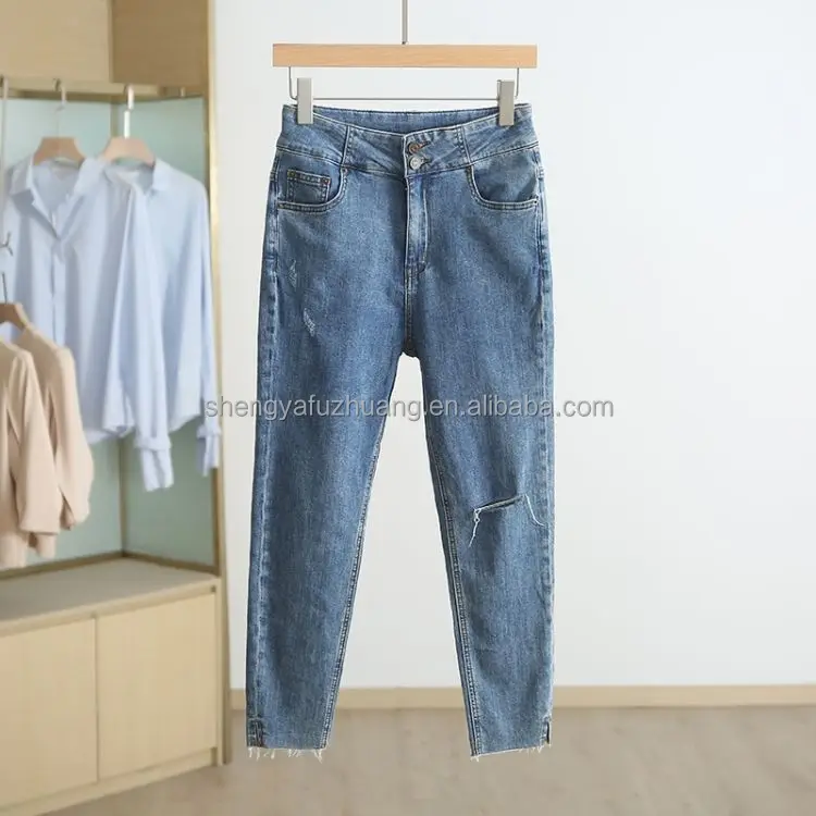 2022 High Quality Denim Hole Skinny Stretchy Pencil Plus Size Jeans Pants High Waist Jeans Women's Jeans