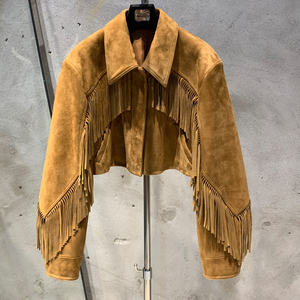 Chaquetas de Estilo Americano Color Borgoña 2025, Chaqueta Corta de Cuero Genuino con <span class=keywords><strong>Flecos</strong></span> para Mujer - Product Image 1