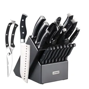 Pan santoku de acero de cartón alto, 19 Uds., juego de cuchillos de Chef de cocina ultra afilados negros con bloque de cuchillos y afilador