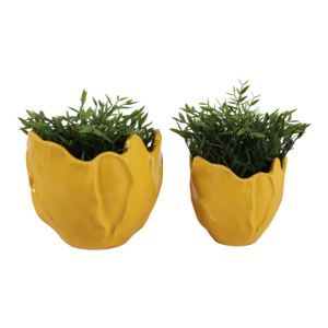 Vasi in ceramica a forma di fiore, design tulipano giallo, decorativi per interni ed esterni, set di due. - Product Image 2