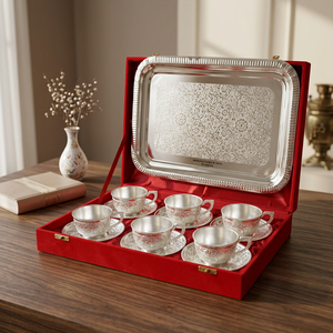 Juego de vajilla de latón plateado pulido y grabado con platillo y taza, con bandeja, para bodas, Navidad y Diwali - Product Image 3