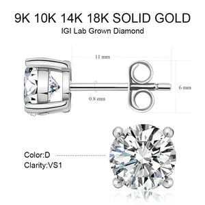 IGI CVD 0.3CT 0.5CT 1CT 2CT D VS1 14K Gold 4 Claws Stud Classic Design Lab Grown Diamond Earring