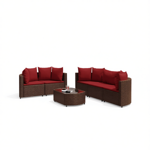 Brown Rattan Garden <b>Sofa</b> <b>Set</b> Outdoor Patio Furniture With Red Cushions Waterproof UV Resistant PE Wicker <b>Sofa</b> Ensemble - Product Image 1